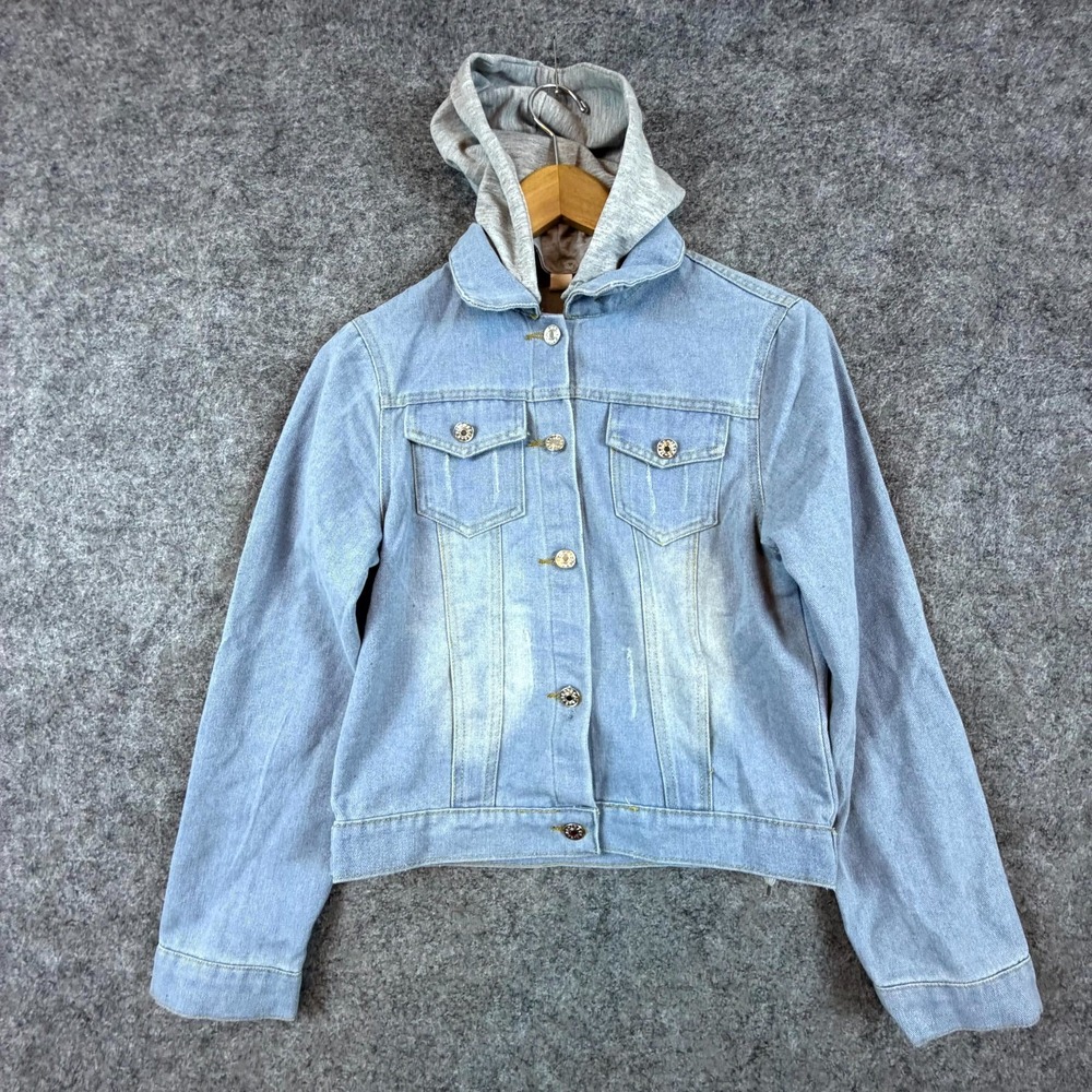 Womens Hybrid Hoodie Jacket Medium Blue Denim Hooded Light Grunge Long Sleeve